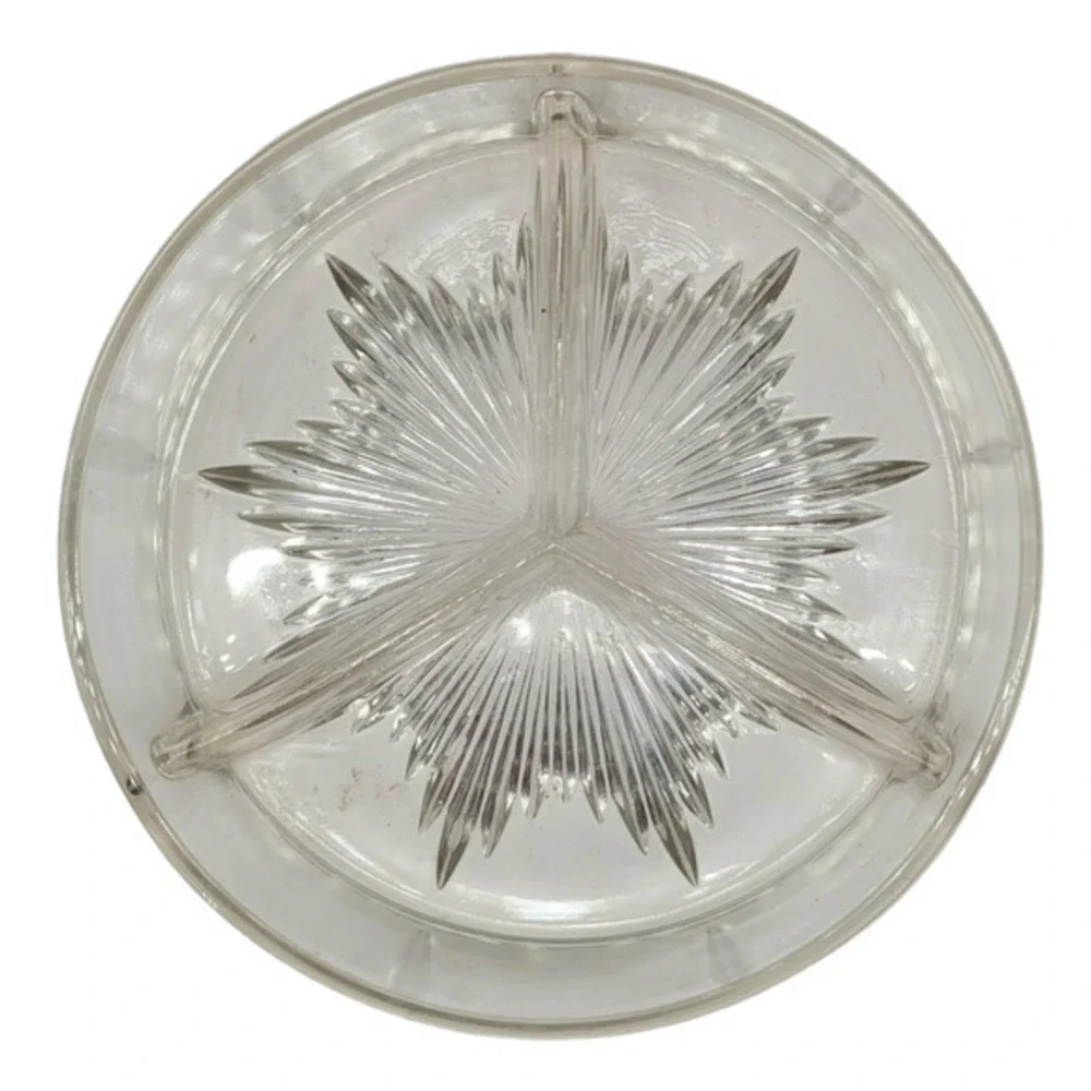 Starburst Round‎ Three Section Divided Fruit Nut Vintage Glass Serving Bowl